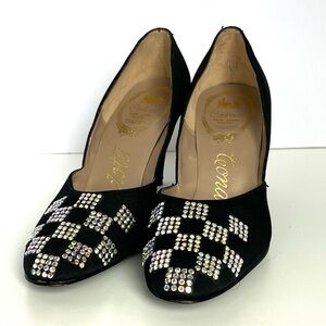 Vintage 1950's Black Pumps with Rhinestone Heels Condutti Dancing Shoes Size 6